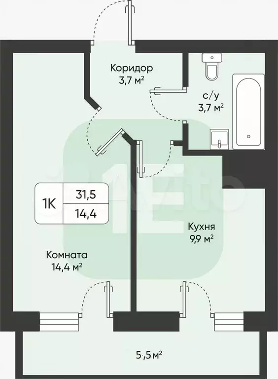 1-к. квартира, 31,5 м, 8/24 эт. - Фото 0