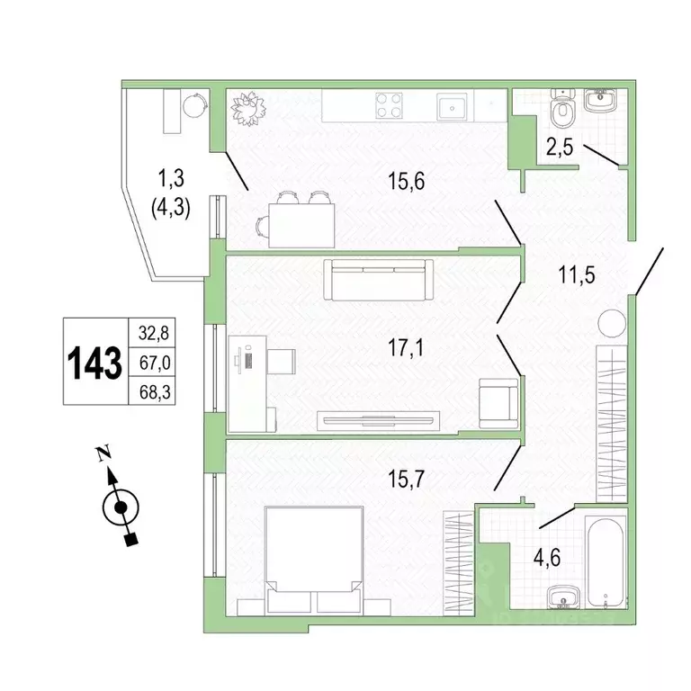 2-к кв. Санкт-Петербург просп. Патриотов, 35 (68.2 м) - Фото 1