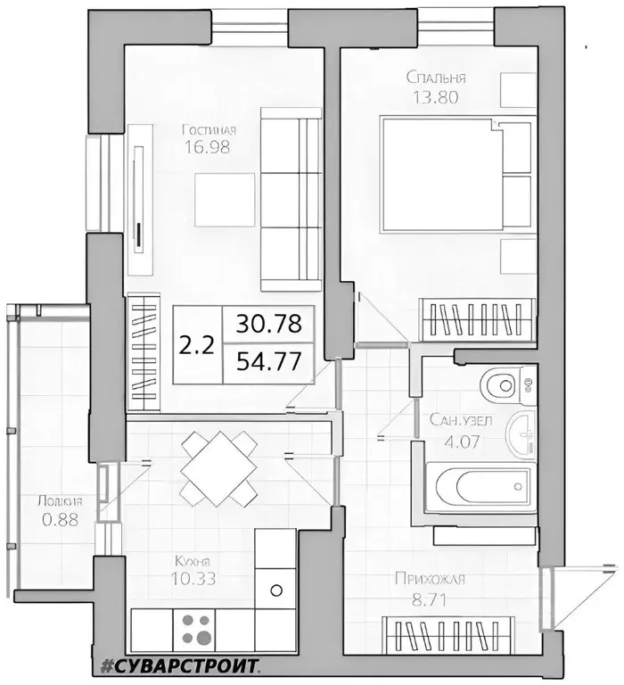 2-к кв. Татарстан, Казань ул. Рауиса Гареева, 113 (54.0 м) - Фото 2