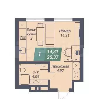 Апартаменты-студия, 25,4 м, 15/23 эт. - Фото 0