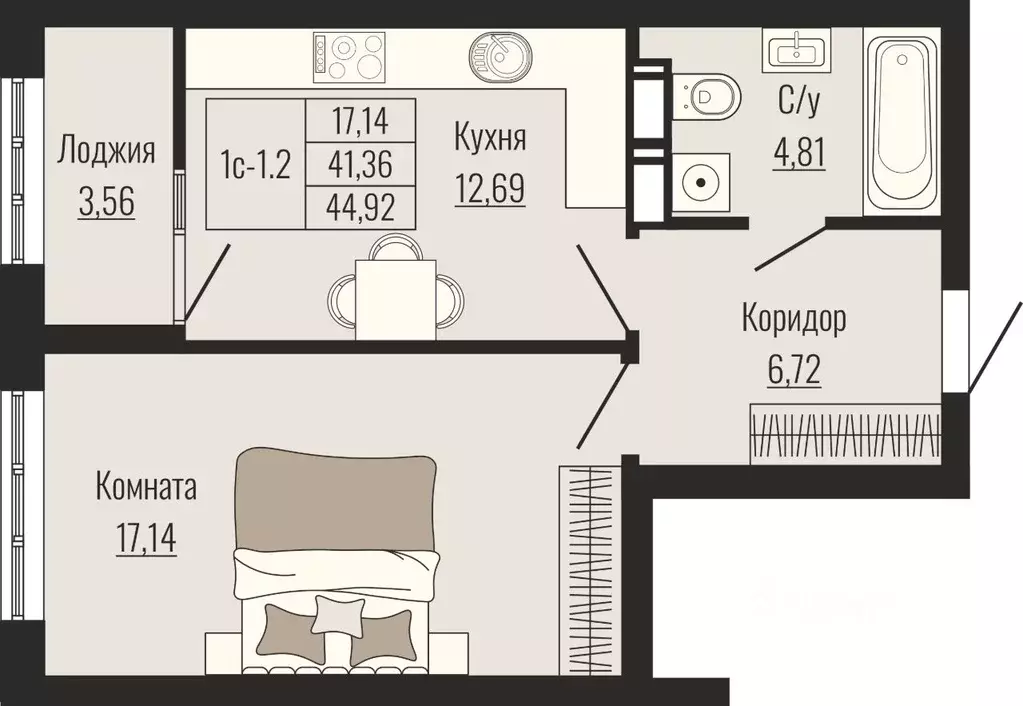 1-к кв. Ставропольский край, Ставрополь № 23 мкр,  (44.92 м) - Фото 1
