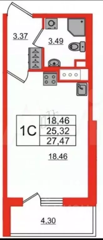 Студия Санкт-Петербург ул. Верхне-Каменская, 11к1 (25.2 м) - Фото 1
