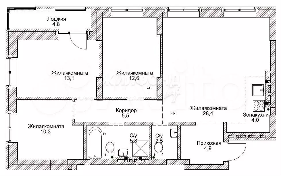 4-к. квартира, 88,2 м, 4/10 эт. - Фото 0