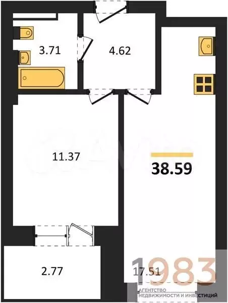 1-к. квартира, 38,6 м, 2/28 эт. - Фото 0