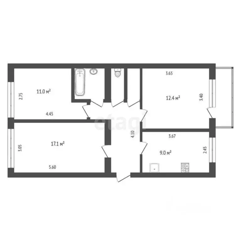 3-к кв. Калужская область, Калуга ул. Гагарина, 13к1 (65.4 м) - Фото 2