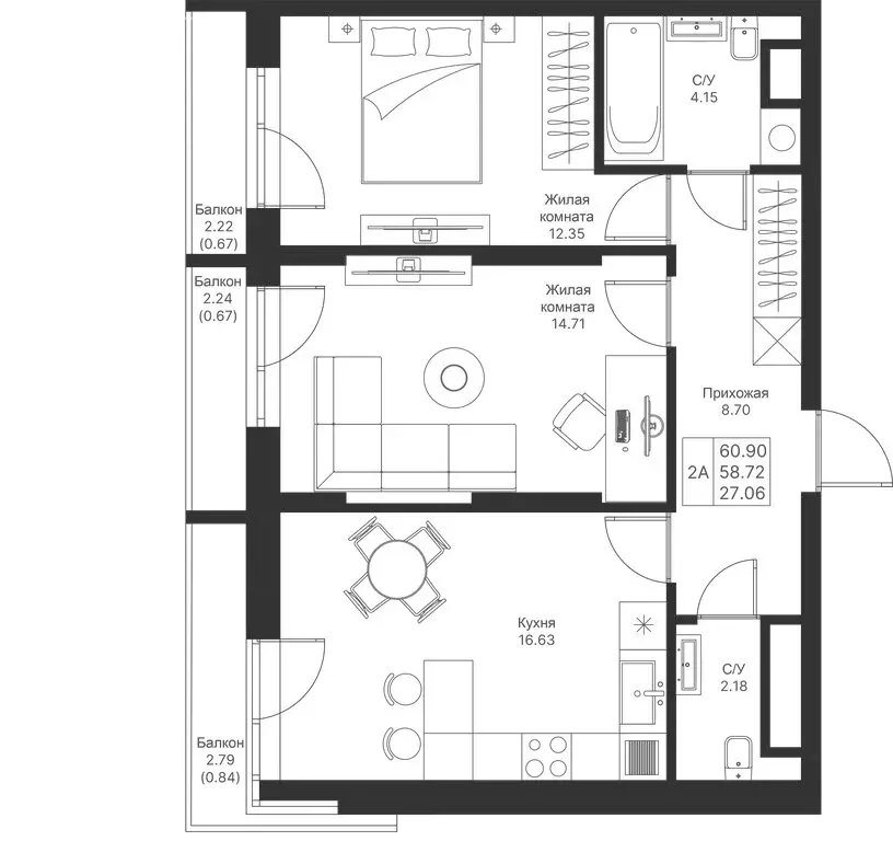 2-комнатная квартира: Казань, ЖК Мой Ритм, ПК14 (60.9 м) - Фото 0