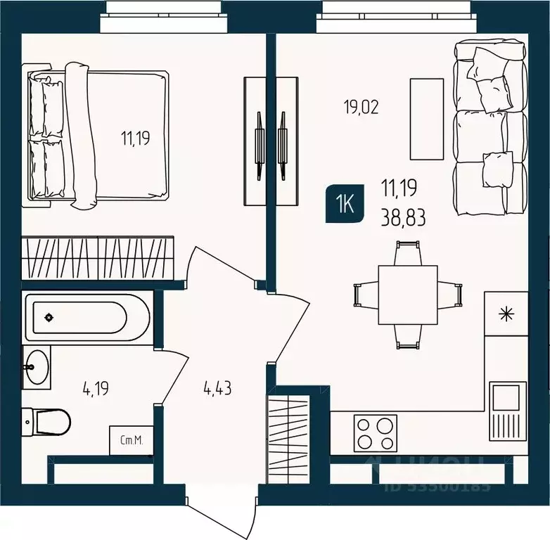 1-к кв. Тюменская область, Тюмень  (38.83 м) - Фото 1