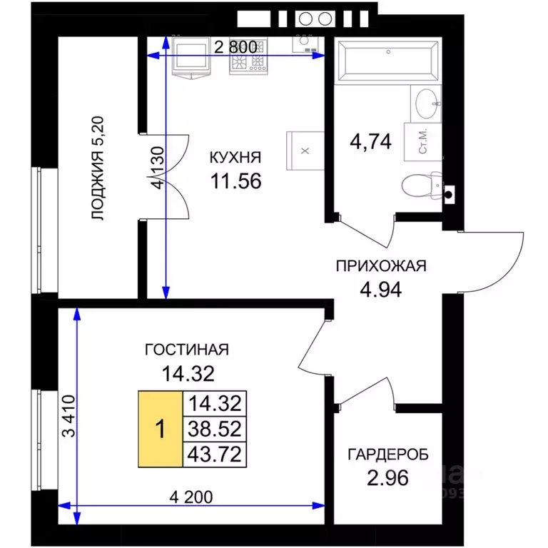 1-к кв. Калининградская область, Гурьевск Включи жилой комплекс (43.72 ... - Фото 0