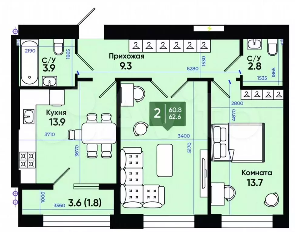 2-к. квартира, 63,6м, 3/3эт. - Фото 0