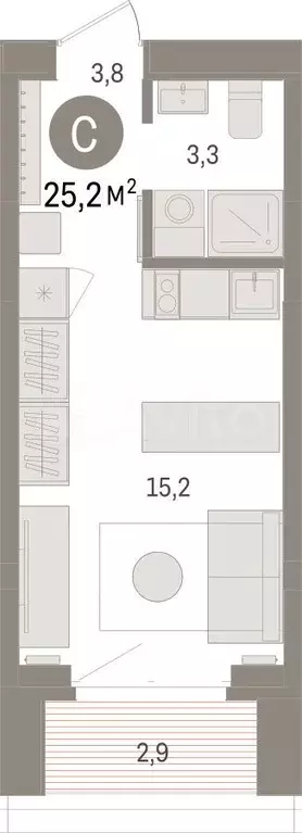 Квартира-студия, 25,2 м, 6/16 эт. - Фото 1