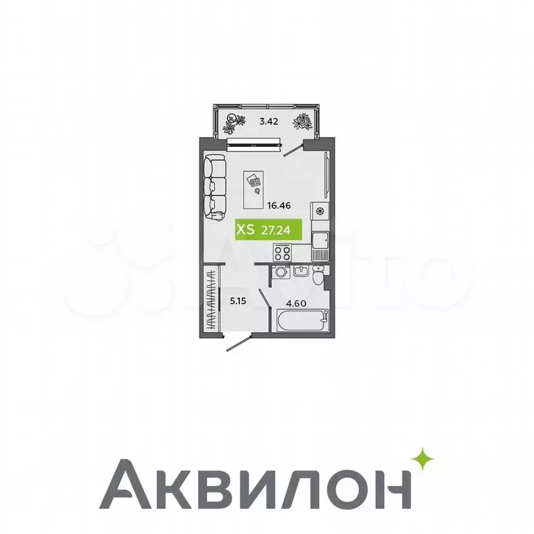 Квартира-студия, 27,2 м, 2/5 эт. - Фото 0