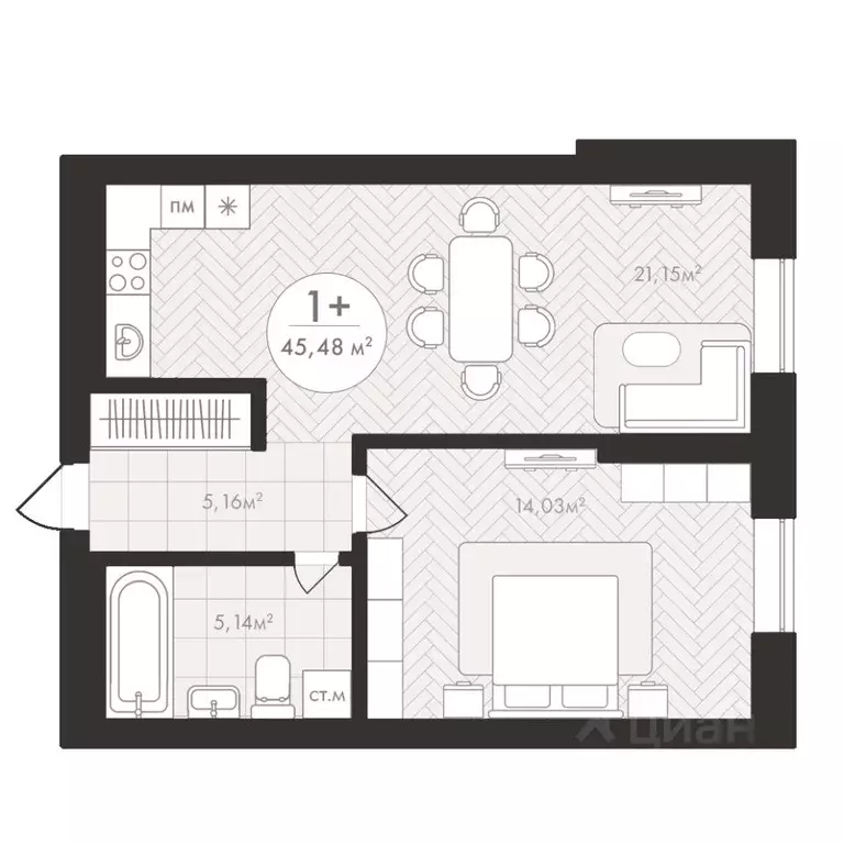 1-к кв. Башкортостан, Уфа Южный-2 мкр,  (45.48 м) - Фото 1