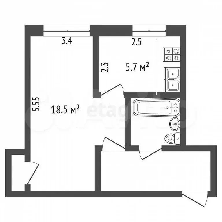 1-к. квартира, 32,3 м, 1/4 эт. - Фото 0
