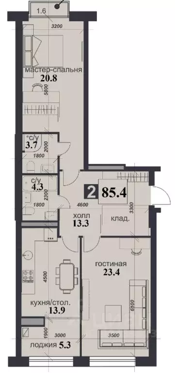 2-к кв. Ставропольский край, Ставрополь ул. Герцена, 147А (85.4 м) - Фото 1