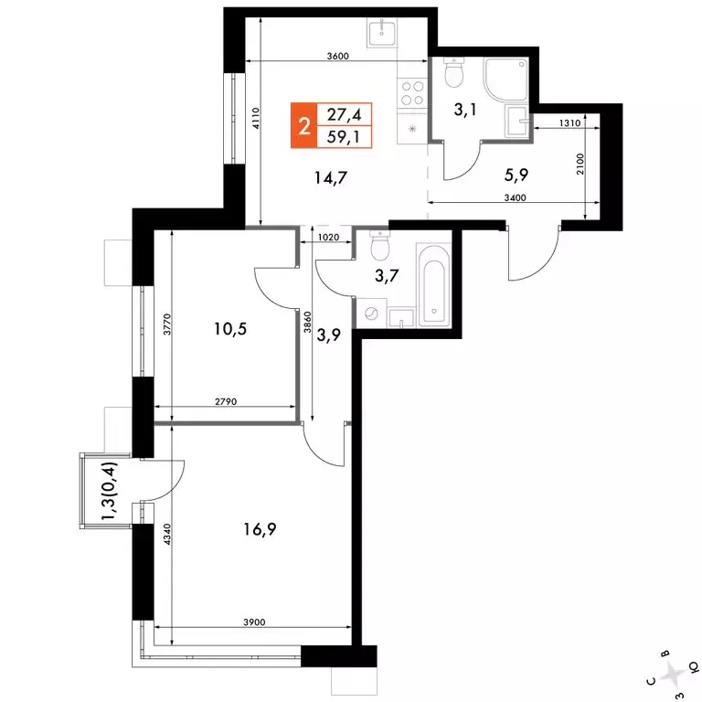 2-комнатная квартира: Владивосток, ЖК Флагман (59.1 м) - Фото 1