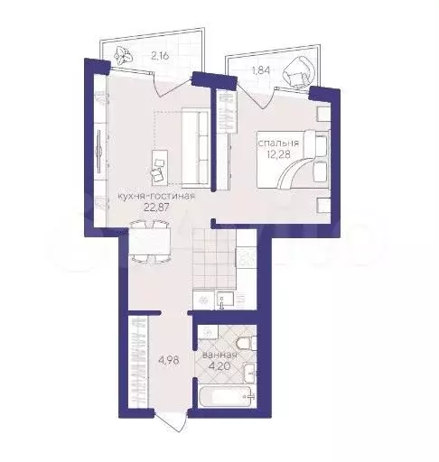 1-к. квартира, 48,3 м, 2/4 эт. - Фото 1