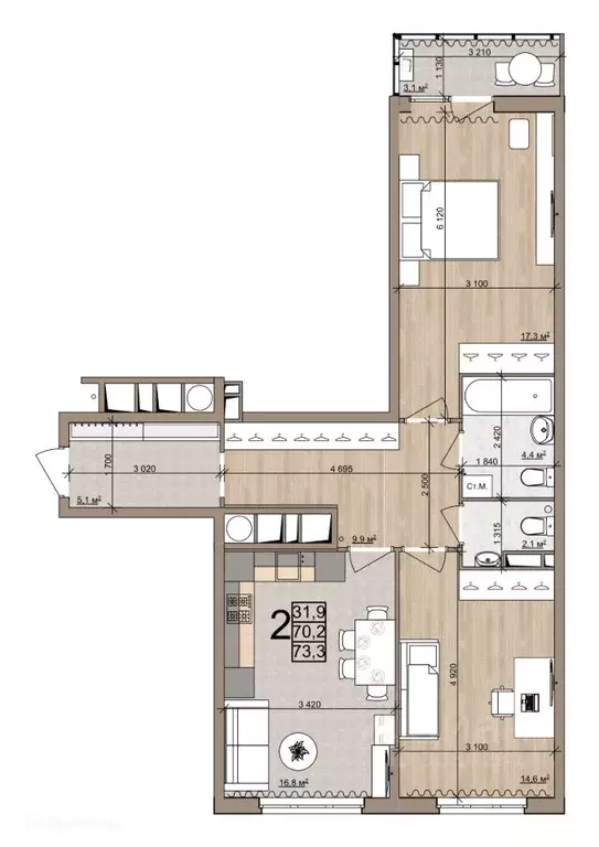 2-к кв. Рязанская область, Рязань Быстрецкая ул., 21к4 (73.3 м) - Фото 1