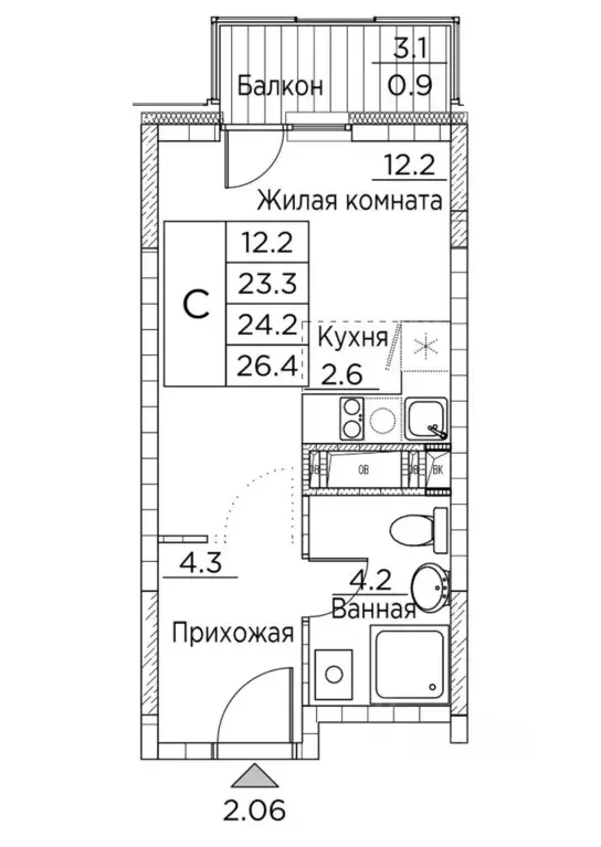 Студия Приморский край, Владивосток Гринхилс жилой комплекс (26.4 м) - Фото 0