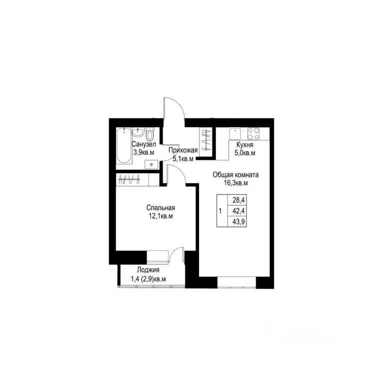 1-к кв. Татарстан, Альметьевск  (43.9 м) - Фото 1