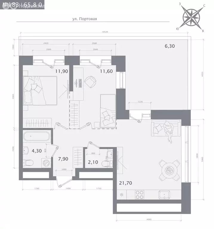 2-комнатная квартира: Казань, ЖК 1712 (65.8 м) - Фото 1
