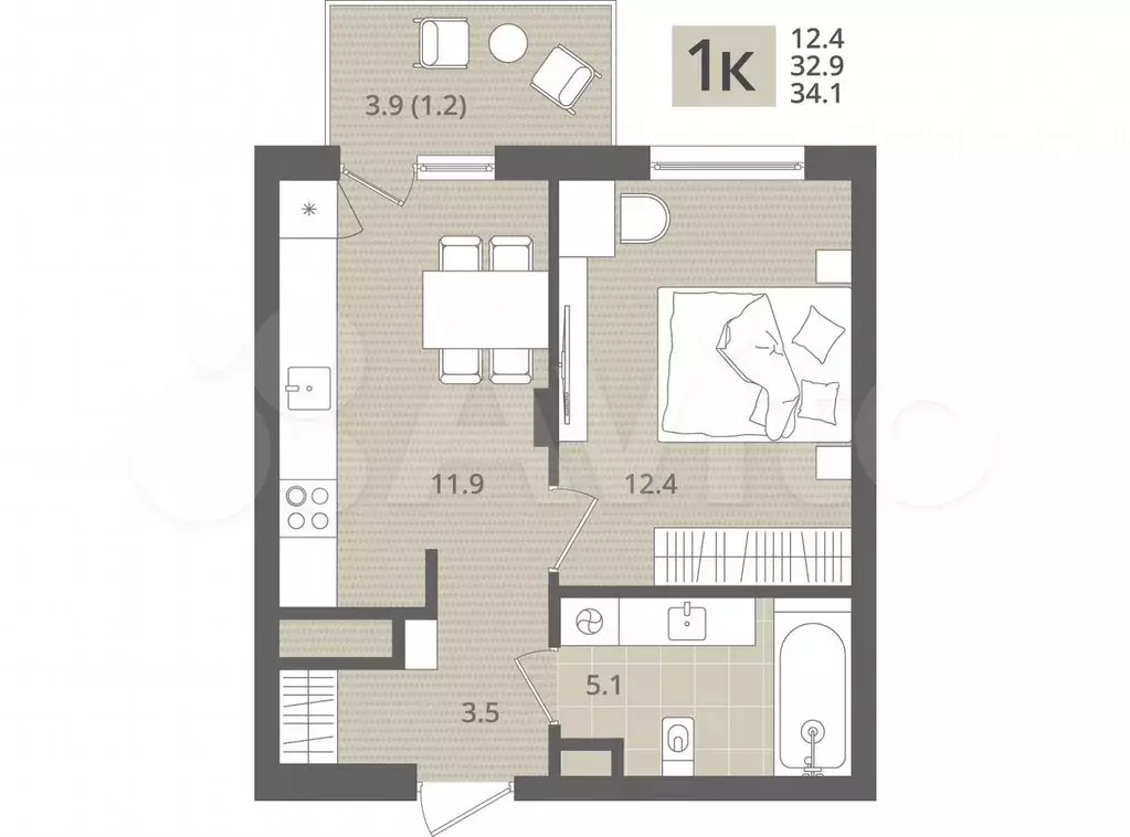 1-к. квартира, 34,1 м, 6/7 эт. - Фото 1