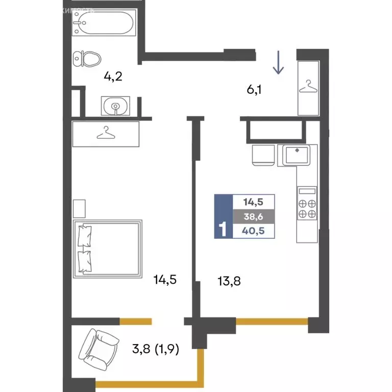 1-комнатная квартира: Перевальное, ЖК Предгорье (40.5 м) - Фото 1