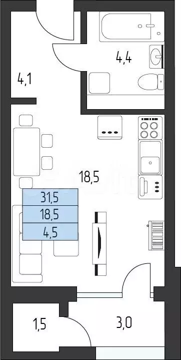 Квартира-студия, 30 м, 6/8 эт. - Фото 0