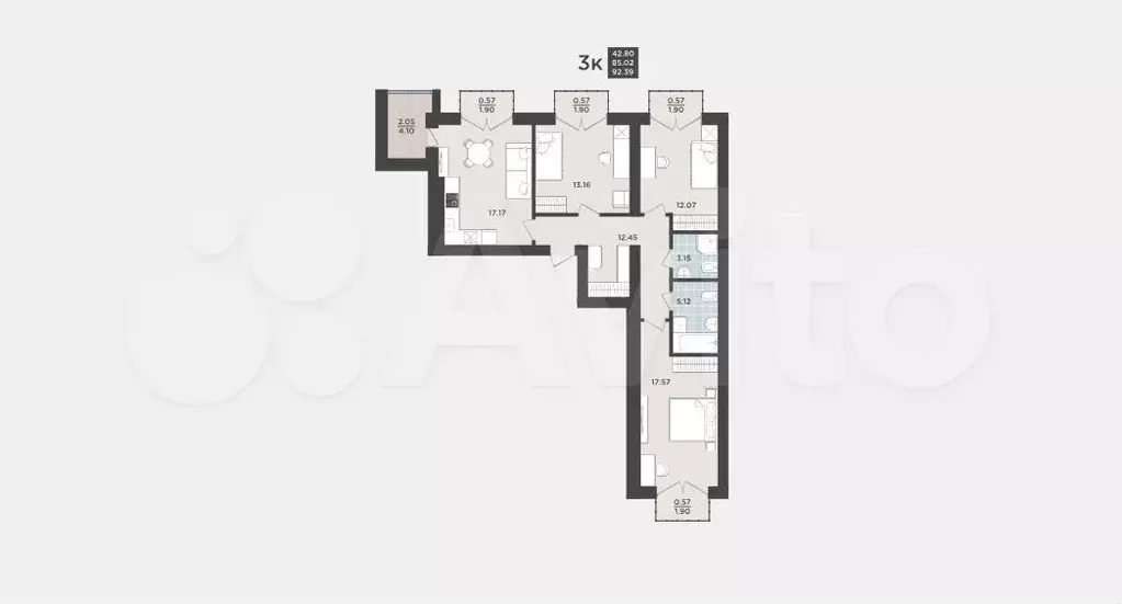 3-к. квартира, 92,4 м, 8/9 эт. - Фото 0
