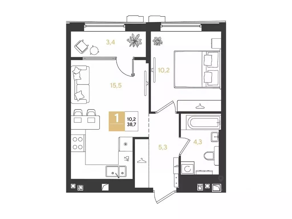 1-к кв. Краснодарский край, Краснодар Самолет кв-л,  (38.7 м) - Фото 1