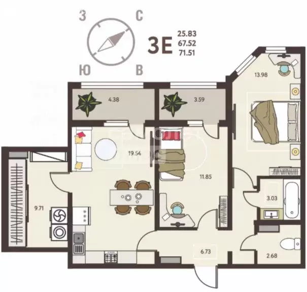 2-комнатная квартира: Липецк, ЖК Инстеп. Механизаторов (71.51 м) - Фото 2