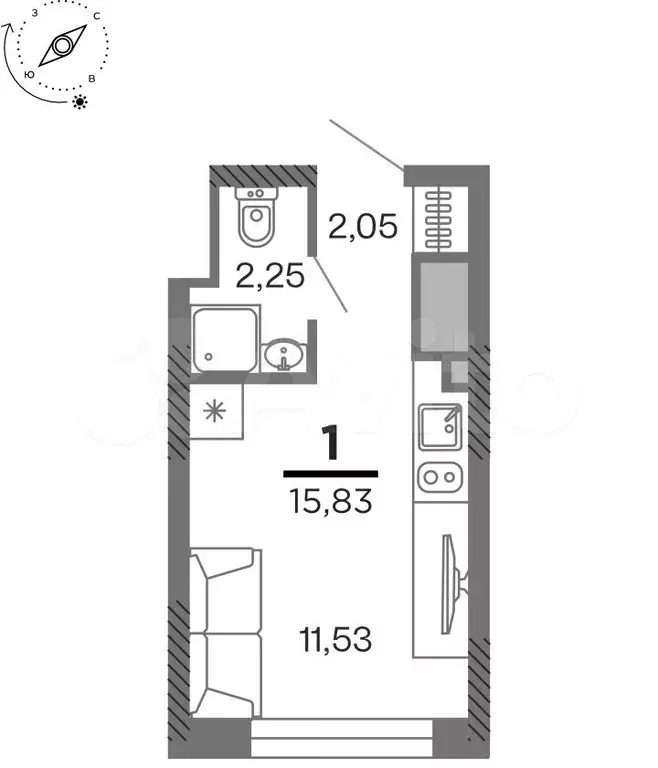 1-к. квартира, 15,8 м, 20/25 эт. - Фото 1