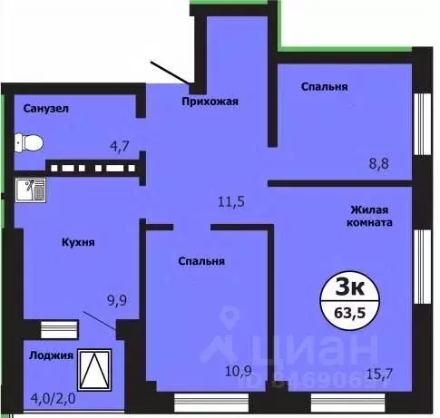 3-к кв. Красноярский край, Красноярск ул. Лесников, 51Б (63.7 м) - Фото 0