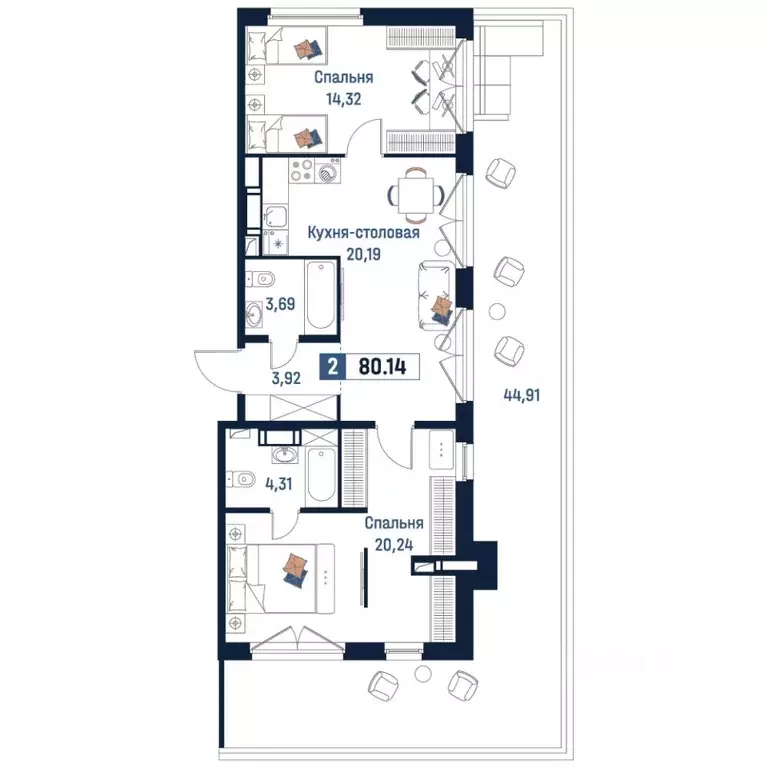 2-к кв. Ленинградская область, Мурино Всеволожский район,  (80.14 м) - Фото 1