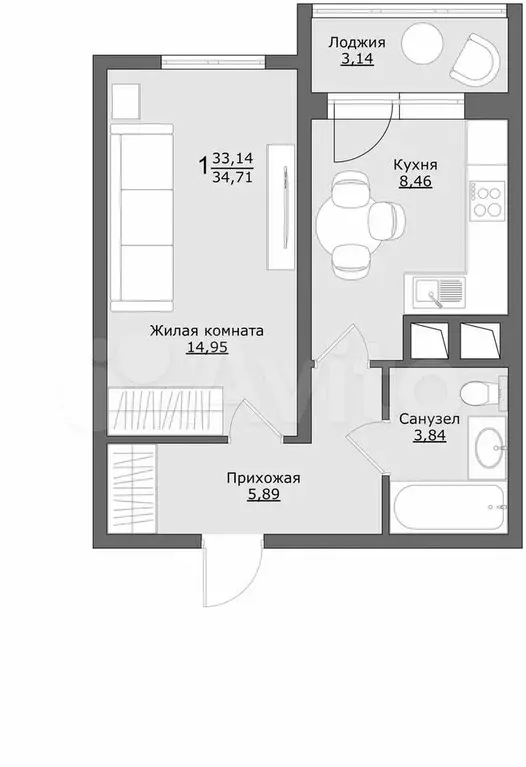 1-к. квартира, 34,7 м, 7/9 эт. - Фото 0