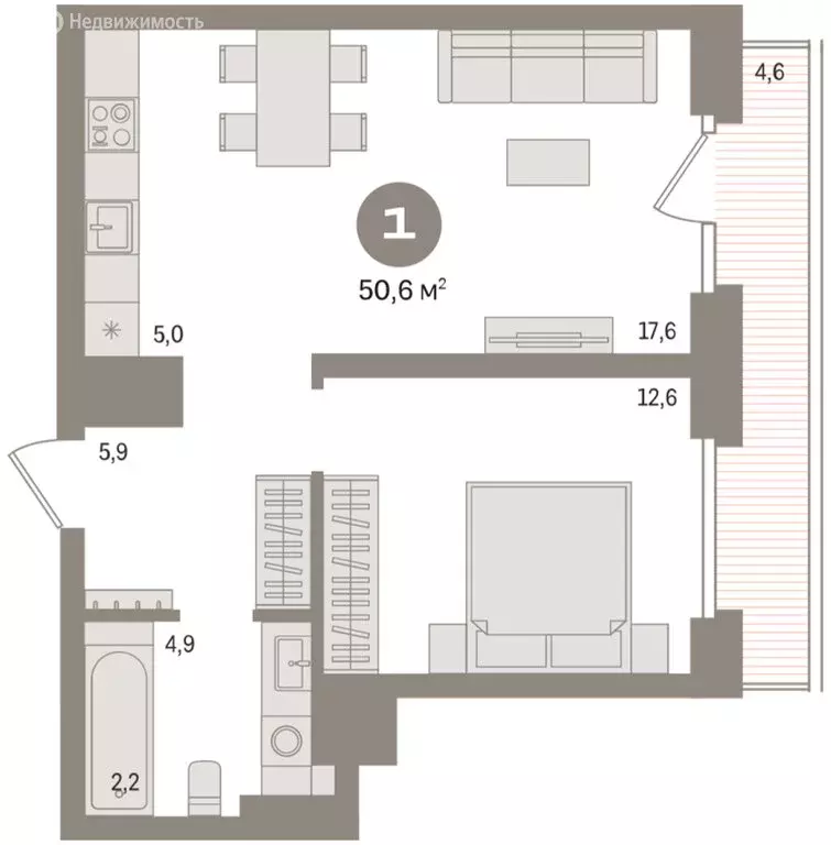 1-комнатная квартира: Тюмень, Причальная улица, 9 (50.6 м) - Фото 2