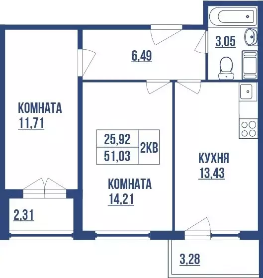 2-комнатная квартира: Санкт-Петербург, улица Салова, 61 (51.03 м) - Фото 1