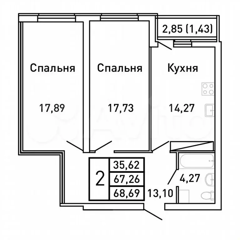 2-к. квартира, 68,7м, 16/25эт. - Фото 0