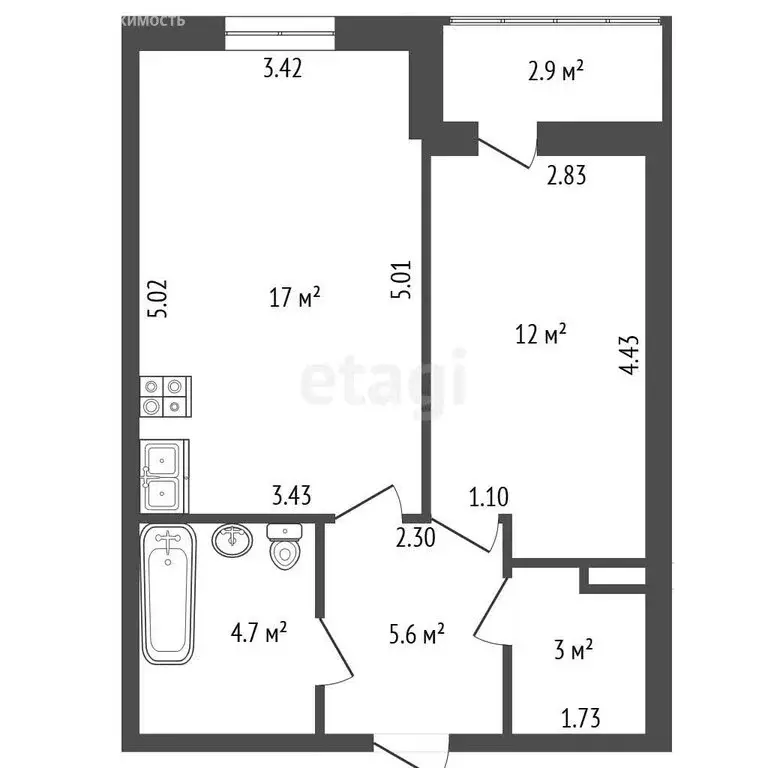 1-комнатная квартира: Санкт-Петербург, проспект Космонавтов, 63к1 (43 ... - Фото 1