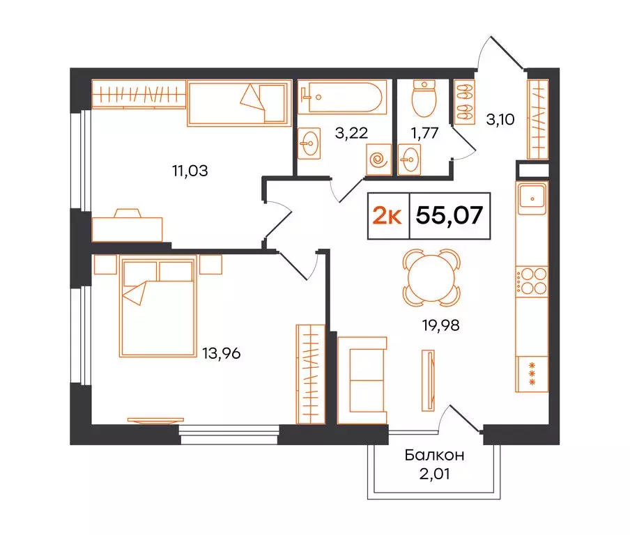 2-комнатная квартира: Тюмень, Полевая улица, 117к13 (55.07 м) - Фото 1