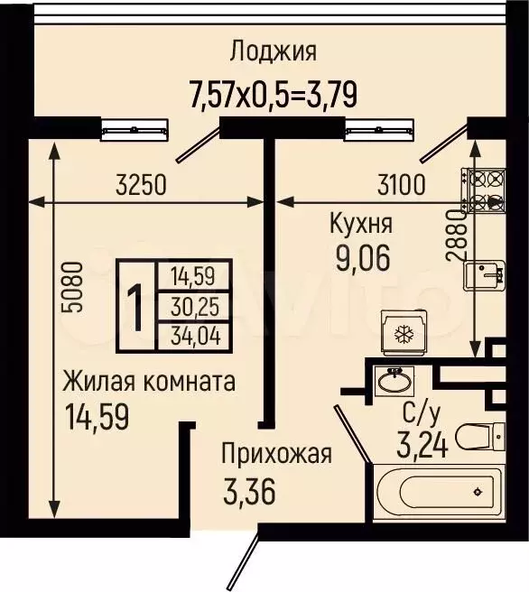 1-к. квартира, 34 м, 7/9 эт. - Фото 0