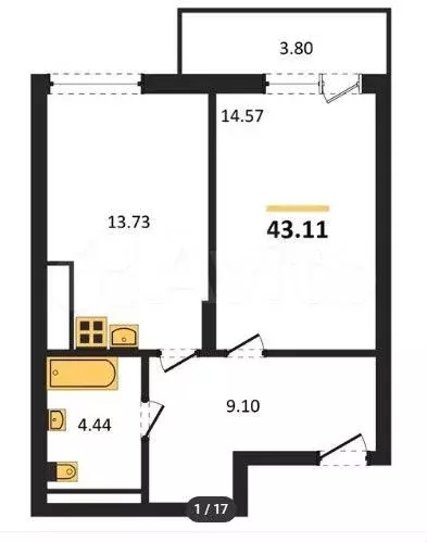 1-к. квартира, 43,1 м, 5/7 эт. - Фото 1