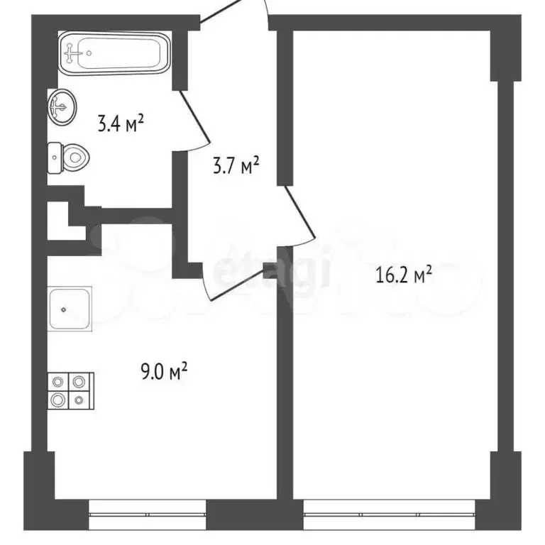 1-к. квартира, 34 м, 2/6 эт. - Фото 0