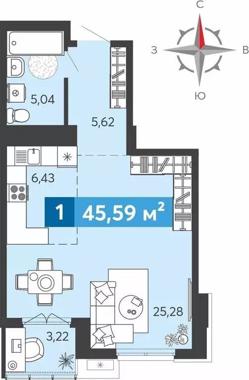 Квартира-студия: Засечное, Прибрежный бульвар, 5 (45.59 м) - Фото 0