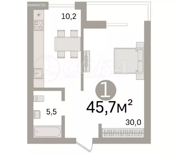 1-комнатная квартира: деревня Дударева, Тюменская улица, 1 (45.7 м) - Фото 0