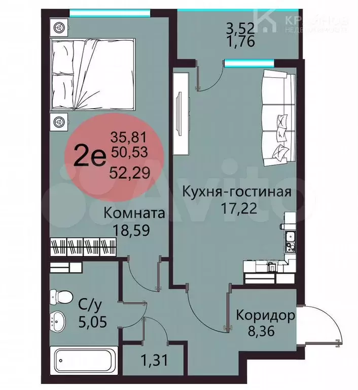 2-к. квартира, 52,3 м, 5/22 эт. - Фото 0