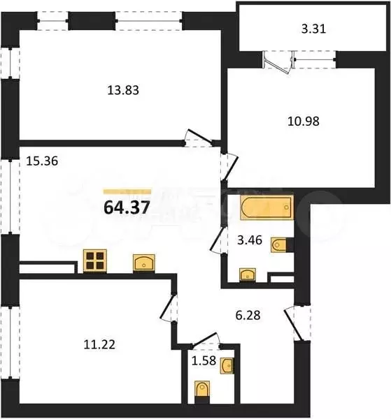 3-к. квартира, 64,4 м, 2/4 эт. - Фото 1