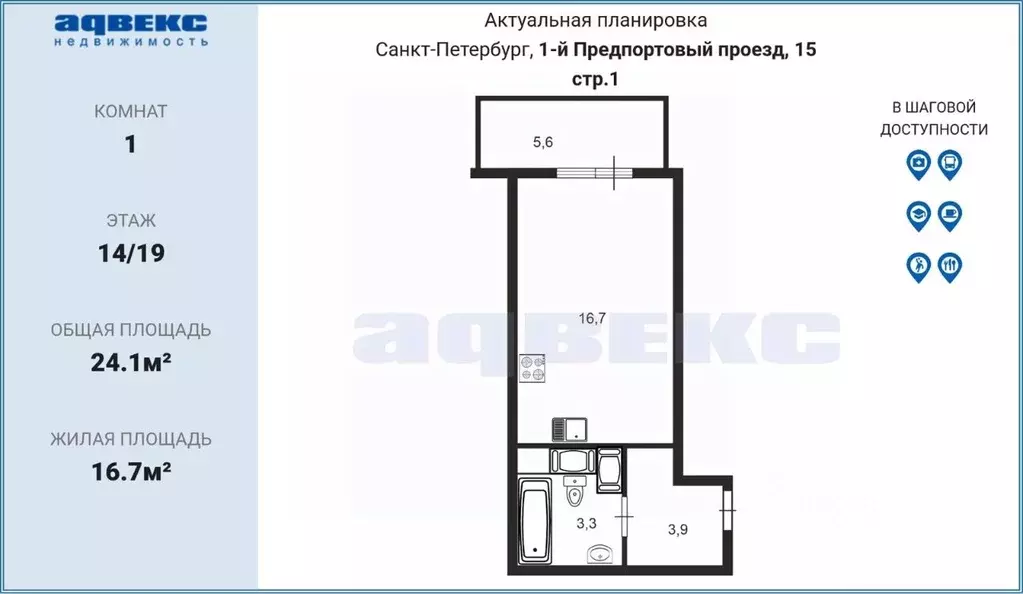 Студия Санкт-Петербург 1-й Предпортовый проезд, 15 (24.1 м) - Фото 2