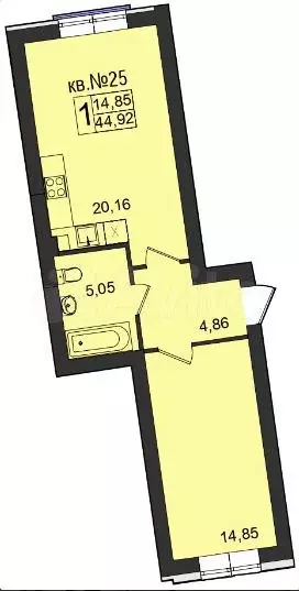 1-к. квартира, 44,9 м, 1/5 эт. - Фото 1