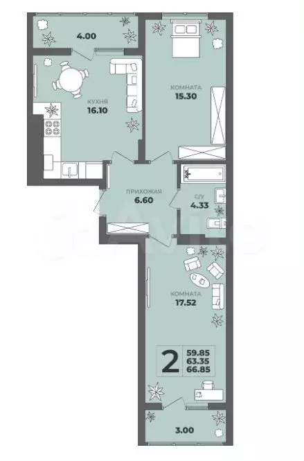 2-к. квартира, 63,3 м, 9/9 эт. - Фото 1