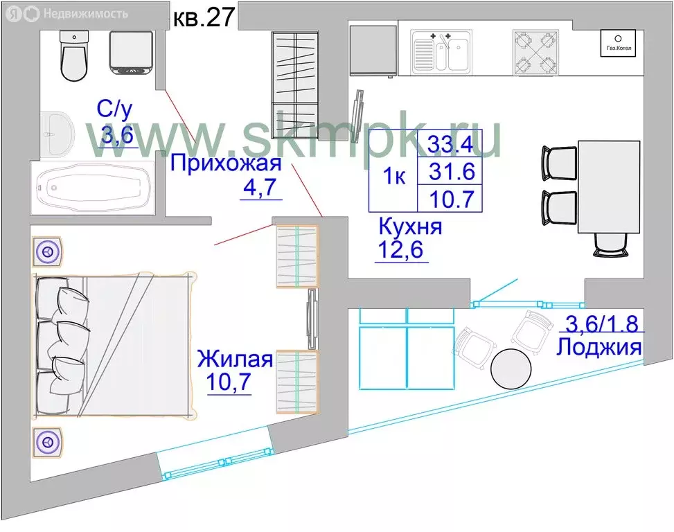 1-комнатная квартира: Калининград, Печатная улица, 49 (33.4 м) - Фото 0